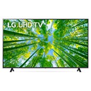 Una vista frontal del televisor LG UHD con la imagen de relleno y el logotipo del producto encima