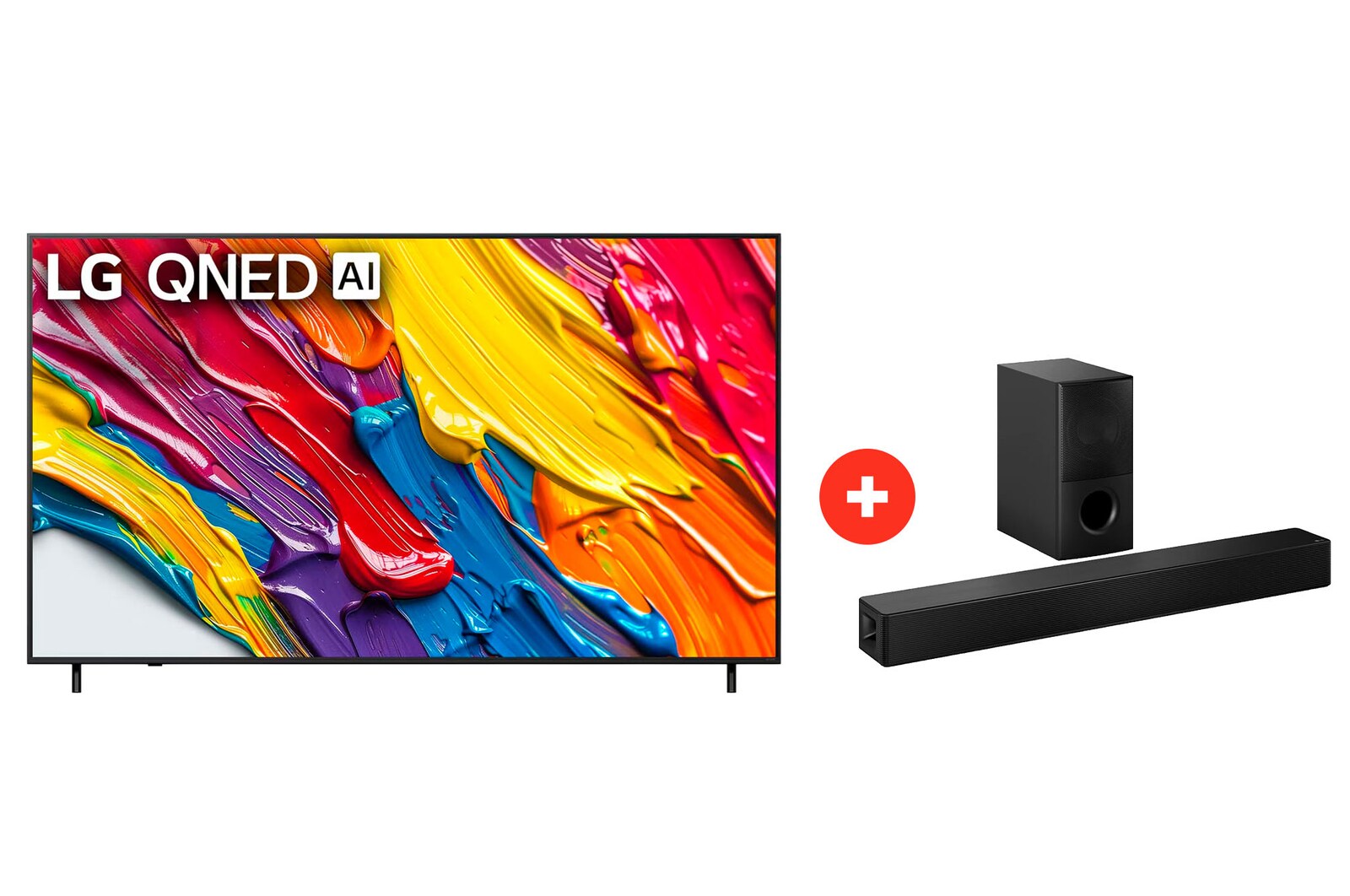 Front view of 86" LG QNED AI QNED82 4K Smart TV + Barra de sonido LG para TV con Dolby Atmos SH5WC 86Q82SH5.BDN