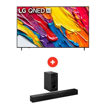 Front view of 86" LG QNED AI QNED82 4K Smart TV + Barra de sonido LG para TV con Dolby Atmos SH5WC 86Q82SH5.BDN