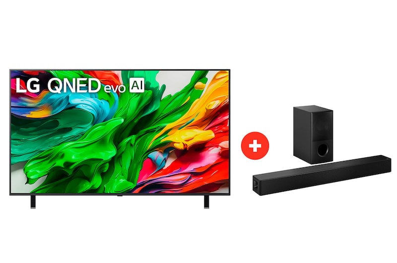Front view of 86" LG QNED evo AI QNED85 MiniLED 4K Smart TV + Barra de sonido LG para TV con Dolby Atmos SH5WC 86Q85SH5.BDN