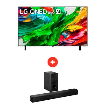 Front view of 86" LG QNED evo AI QNED85 MiniLED 4K Smart TV + Barra de sonido LG para TV con Dolby Atmos SH5WC 86Q85SH5.BDN