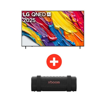 Front view of 86 pulgadas LG QNED AI QNED82 4K Smart TV 2025 + LG xboom Grab by will.i.am | Bocina Bluetooth portátil | 30W | 20 horas de duración | IP67 | Resistencia militar | Negro 86QNED82GRA.BDL