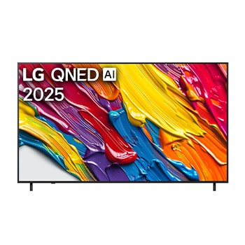 Front view of LG QNED82 TV, LG QNED Al Logo on the top corner. LG QNED TV depicts colorful paintike textures coming together.
