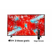 Una vista frontal del televisor LG UHD con la imagen de relleno y el logotipo del producto encima