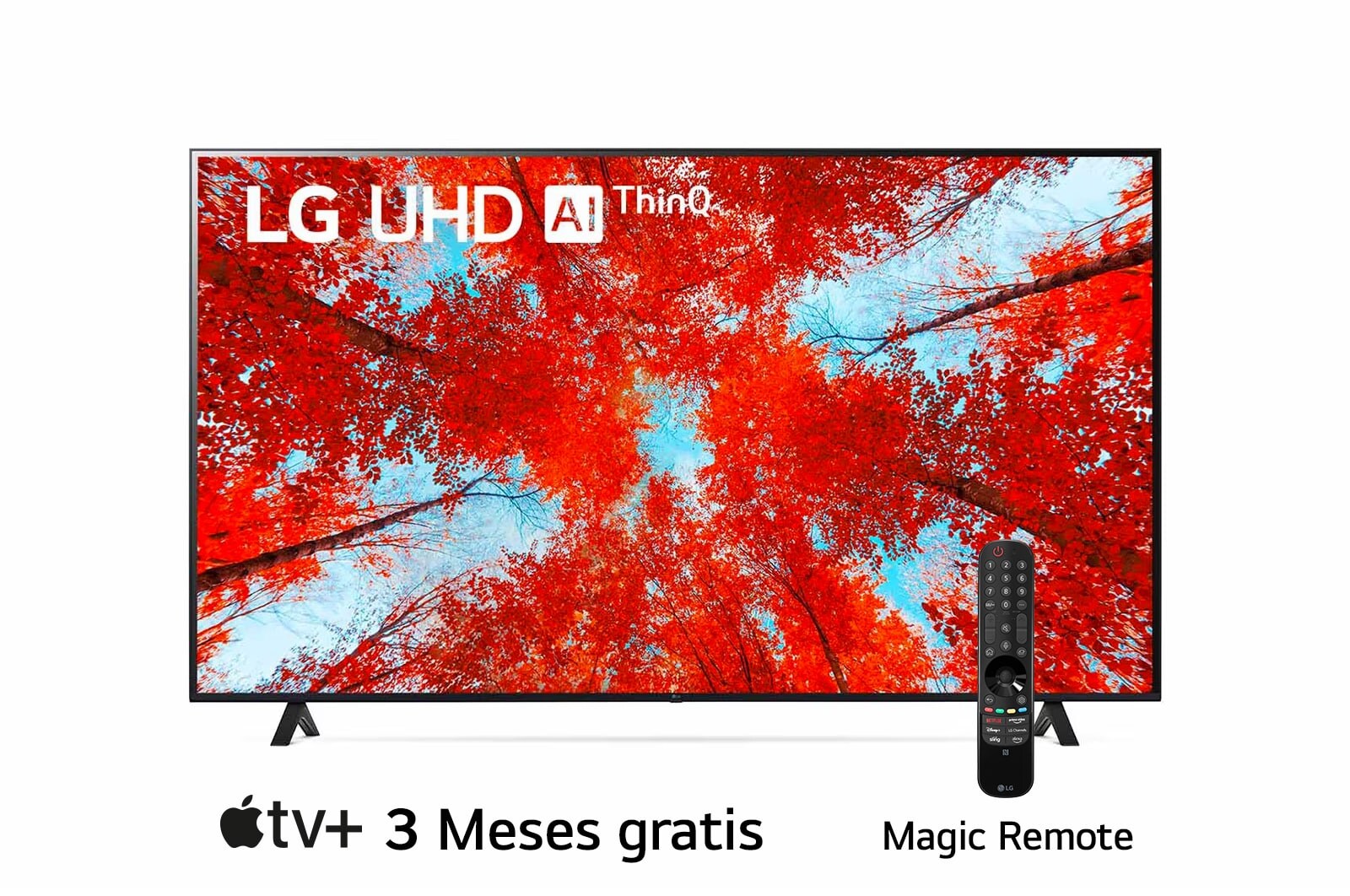 Una vista frontal del televisor LG UHD con la imagen de relleno y el logotipo del producto encima