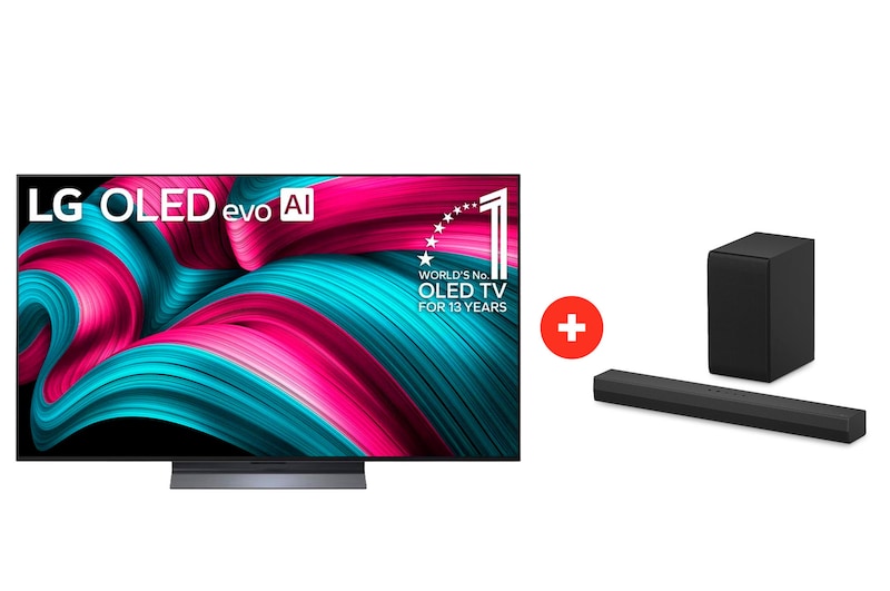 Front view of 55" LG OLED evo AI C5 4K Smart TV + LG Soundbar | Barra de Sonido S30A | 140W OLE55C5S30.BDL
