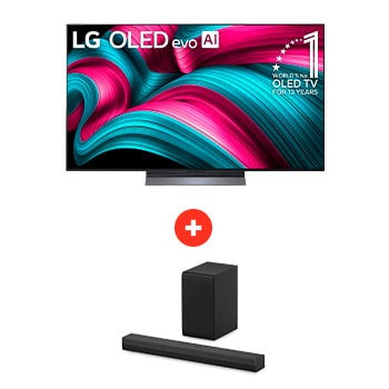 Front view of 55" LG OLED evo AI C5 4K Smart TV + LG Soundbar | Barra de Sonido S30A | 140W OLE55C5S30.BDL