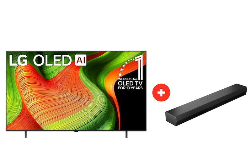 Front view of 55 pulgadas LG OLED AI B5 4K Smart TV + LG Soundbar | Barra de Sonido LG S20 | Dolby Digital | 2.0 canales OLE55S20.BDL