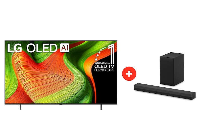 Front view of 65" LG OLED AI B5 4K Smart TV + LG Soundbar | Barra de Sonido S30A | 140W OLE65B5S30.BDL
