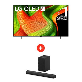 Front view of 65" LG OLED AI B5 4K Smart TV + LG Soundbar | Barra de Sonido S30A | 140W OLE65B5S30.BDL