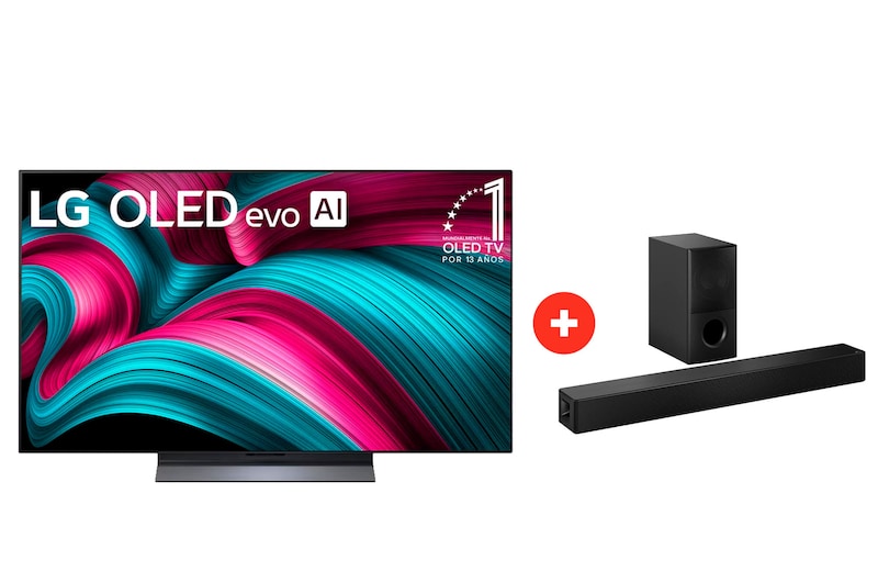 Front view of 77" LG OLED evo AI C5 4K Smart TV +Barra de sonido LG para TV con Dolby Atmos SH5WC OLE77C5SH5.BDL