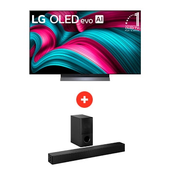 Front view of 77" LG OLED evo AI C5 4K Smart TV +Barra de sonido LG para TV con Dolby Atmos SH5WC OLE77C5SH5.BDL