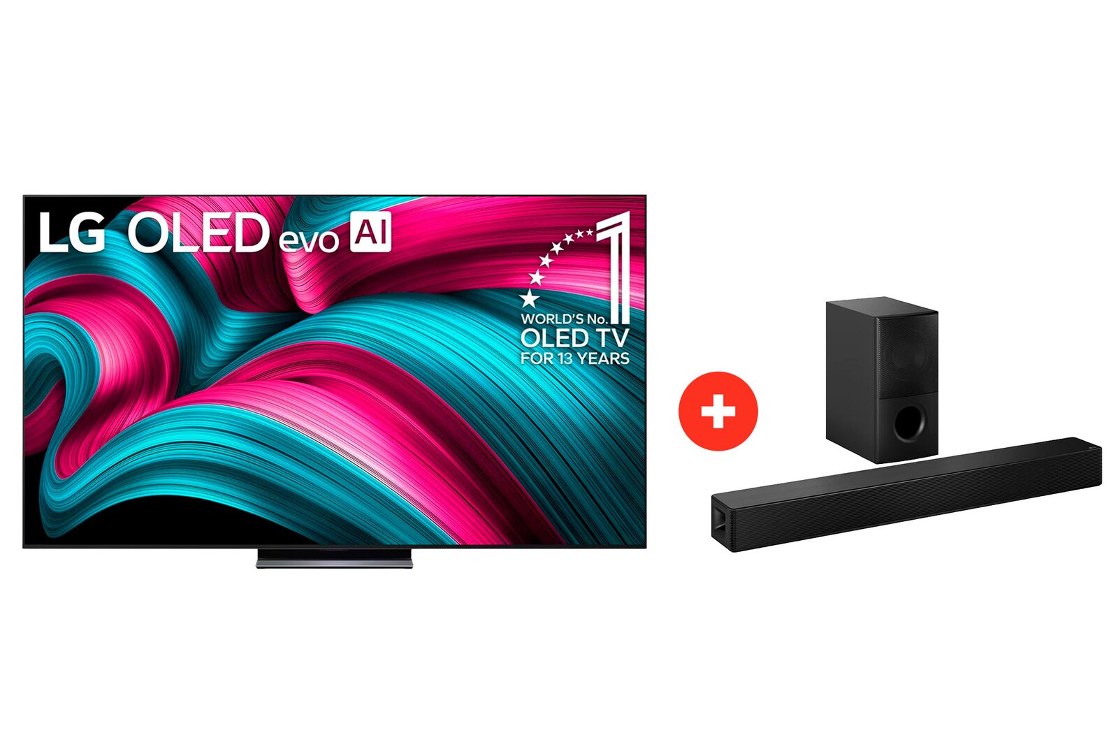 Front view of 83" LG OLED evo AI C5 4K Smart TV +Barra de sonido LG para TV con Dolby Atmos SH5WC OLE83C5SH5.BDL