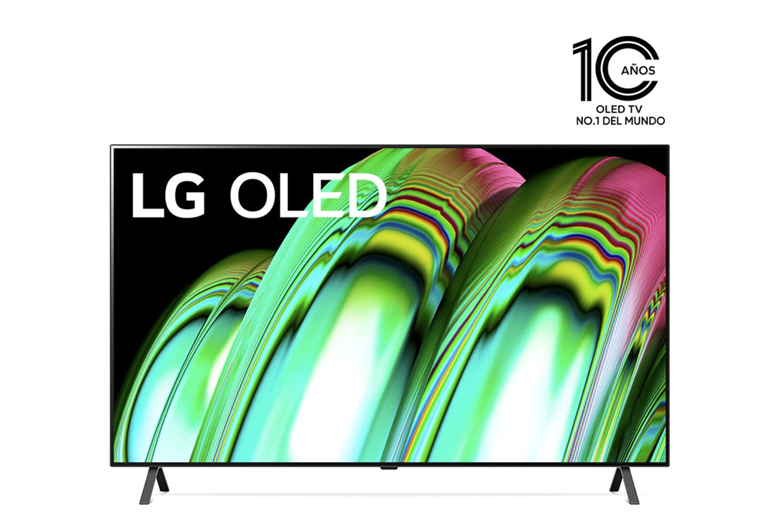 Vista frontal del televisor LG OLED con una imagen de relleno y el logotipo del producto