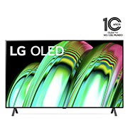 Vista frontal del televisor LG OLED con una imagen de relleno y el logotipo del producto