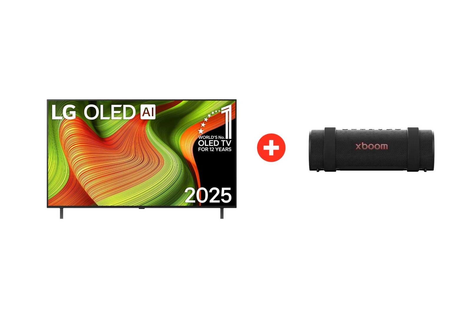 Front view of 55 pulgadas LG OLED AI B5 4K Smart TV 2025 + LG xboom Grab by will.i.am | Bocina Bluetooth portátil | 30W | 20 horas de duración | IP67 | Resistencia militar | Negro OLED55B5GRA.BDL