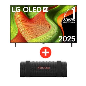 Front view of 55 pulgadas LG OLED AI B5 4K Smart TV 2025 + LG xboom Grab by will.i.am | Bocina Bluetooth portátil | 30W | 20 horas de duración | IP67 | Resistencia militar | Negro OLED55B5GRA.BDL