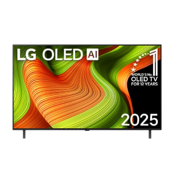 Vista de frente de la Smart TV LG OLED AI B5 4K. El emblema de OLED de ser el n.º 1 del mundo durante 12 años y el logotipo de LG OLED AI 2025 aparecen en la pantalla.
