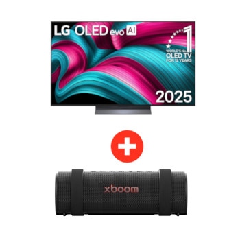 Front view of 65 pulgadas LG OLED evo AI C5 4K Smart TV 2025 + LG xboom Grab by will.i.am | Bocina Bluetooth portátil | 30W | 20 horas de duración | IP67 | Resistencia militar | Negro OLED65C5GRA.BDL