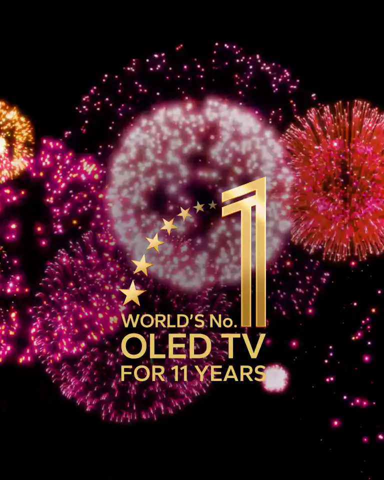 Vídeo del emblema "11 Years World's No.1 OLED TV" sobre un fondo negro con fuegos artificiales lilas y rosas.