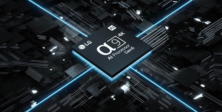 Video del Procesador α9 Gen6 AI 4K contra una placa de circuito. La placa se ilumina y del chip salen luces azules que representan su potencia.