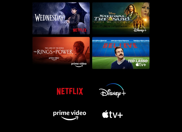 Un póster de Merlina de Netflix, Tesoro Nacional de Disney+, Los anillos del poder de Prime Video, Ted Lasso de Apple TV Plus y un fotograma de LG Channels con un leopardo en su hábitat.