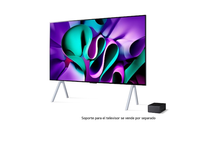 Vista lateral orientada hacia la izquierda de un televisor LG OLED evo, OLED M4 en la pared, y una Zero Connect Box colocada debajo del televisor.