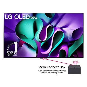 Vista frontal de un televisor LG OLED evo, OLED M4, el emblema de OLED de 11 año de número 1 del mundo, el logotipo de webOS Re:New Program, el logotipo de la garantía de 5 años del panel en la pantalla, una Zero Connect Box con transferencia inalámbrica de video y audio de 4K 144Hz conectada a un televisor, y una señal de Wi-Fi que sale de la caja
