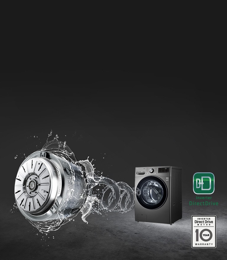 Un fondo gris con la lavadora de carga frontal resaltada y un remolino de agua saliendo desde el frente que lleva a una imagen del motor Inverter Drive Direct.