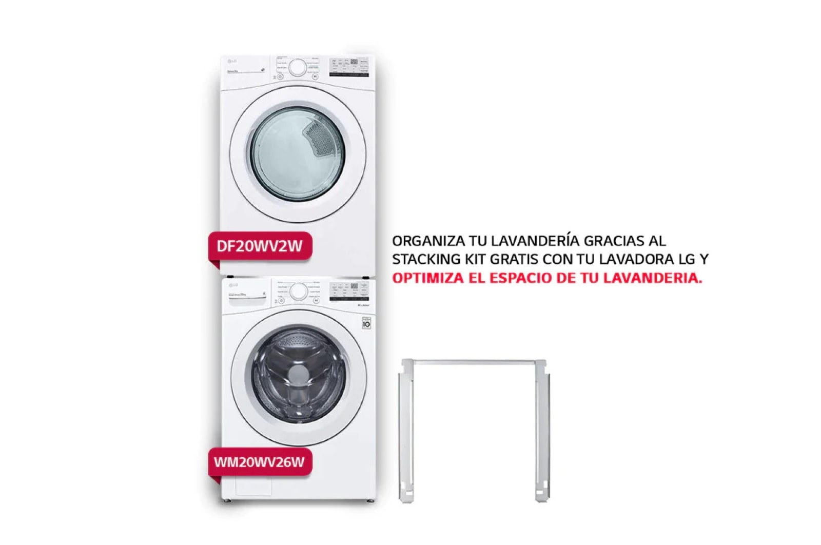 Front view of &#39;&#39;Paquete de Lavadora &#43; Secadora a gas de 20 Kg con Stacking Kit gratis Lava Más Rápido con el Combo Lavadora y Secadora color Blanco&#39;&#39; WM20W-DF20W