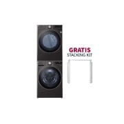 Front view of La Pareja Perfecta con Stacking kit para paquete lavadora y secadora a gas de gran capacidad color negro WM25DF50BV