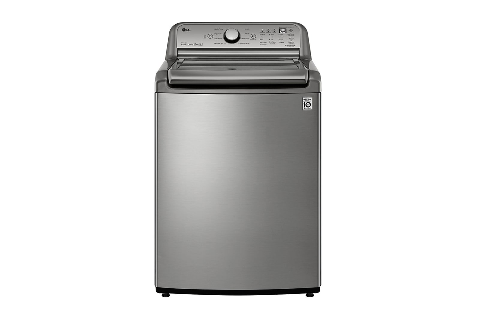 Vista frontal de Lavadora Carga Superior25Kg LG WT25VT6HK Inverter DD con sistema 6 Motion DD Color Silver