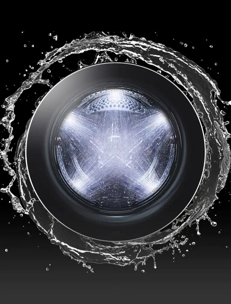 Vista frontal de la puerta de la lavadora iluminada, con cinco chorros de agua fluyendo dentro y alrededor de la puerta.