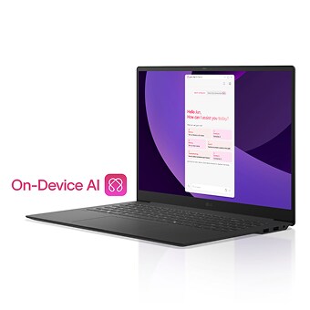 Laptop LG gram equipada con On-Device AI, mostrando en la pantalla la interfaz del asistente inteligente para mayor productividad.