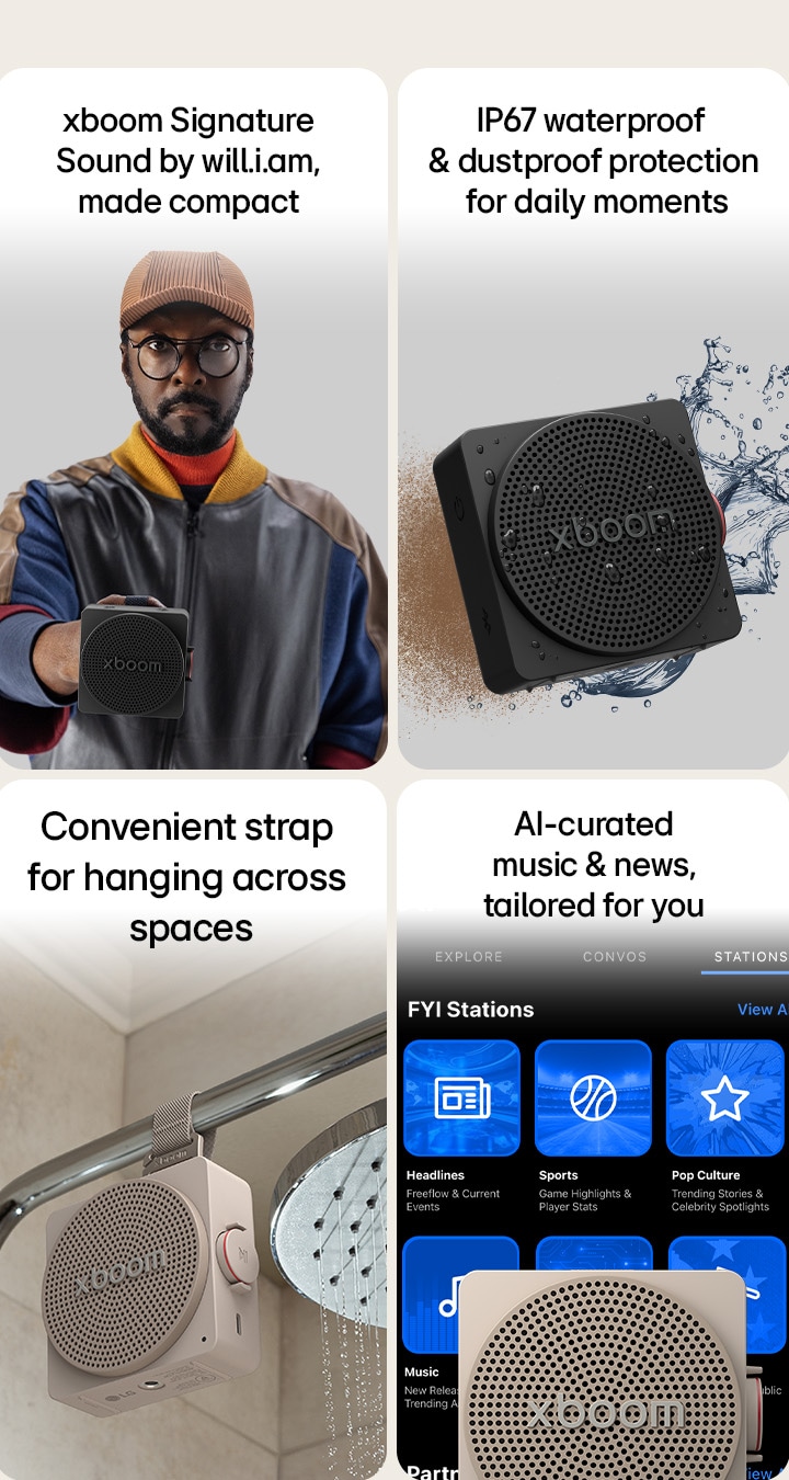 1) Parlante Bluetooth portátil compacto LG xboom mini con sonido característico de will.i.am 2) Parlantes Bluetooth colgables LG xboom mini, con una correa conveniente para colgar fácilmente en cualquier espacio 3) Parlante Bluetooth LG xboom mini con protección impermeable y a prueba de polvo IP67 para uso diario 4) LG xboom mini conectado a un teléfono inteligente, mostrando una interfaz ajutada por IA con música y noticias personalizadas