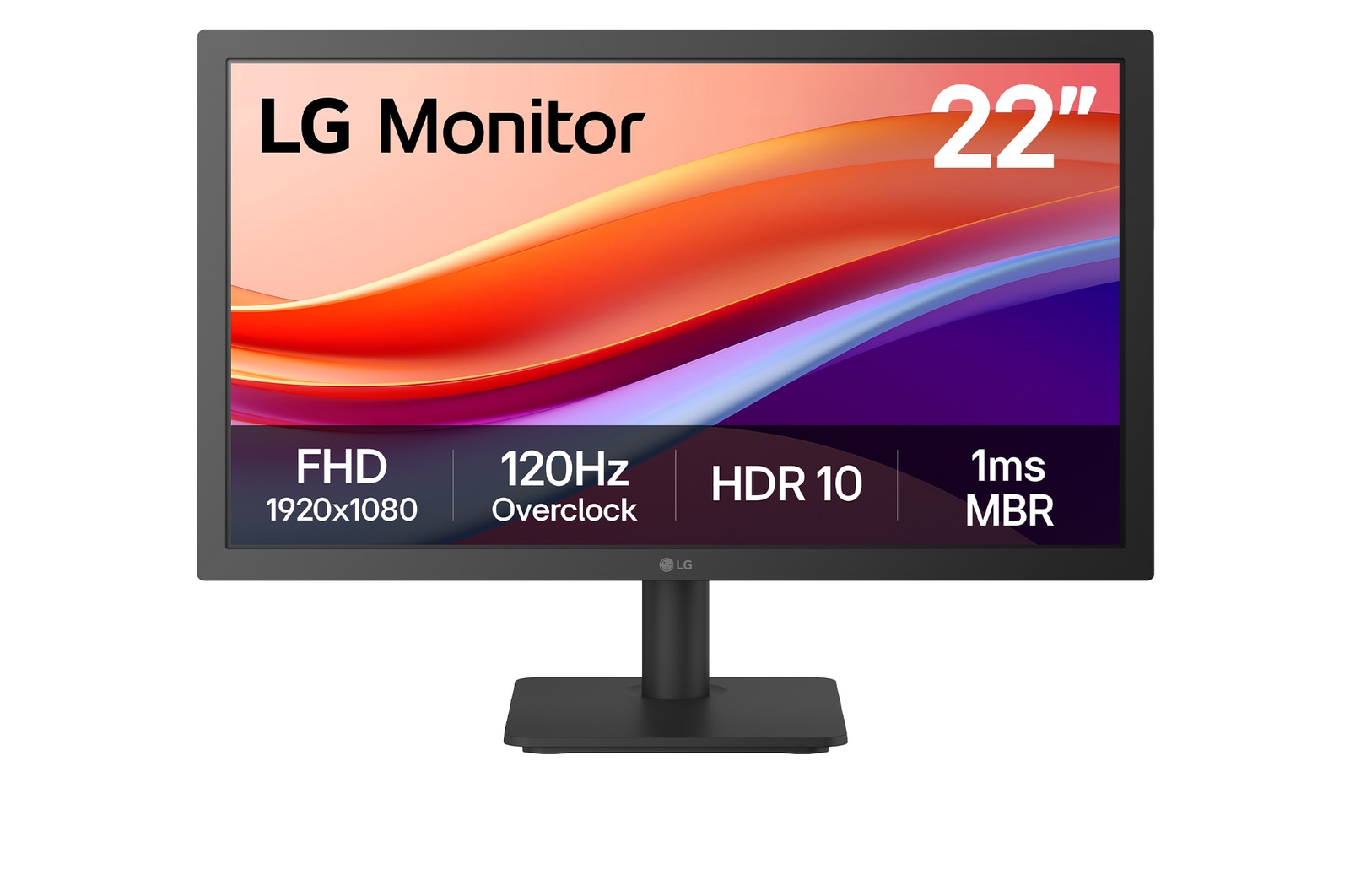 Front view of Monitor LG de 22"  Full HD con overclocking a 120Hz, sRGB 99% (Típ.), HDR 10, 1ms MBR 22U403A-B