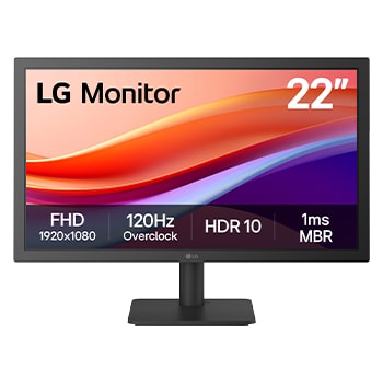 Front view of Monitor LG de 22"  Full HD con overclocking a 120Hz, sRGB 99% (Típ.), HDR 10, 1ms MBR 22U403A-B