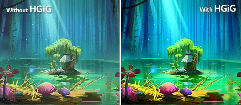 Una imagen animada, una casita y un árbol en un pequeño terreno que está en medio de un estanque rodeado de árboles altos y desnudos, con el texto "Con HGIG" en la parte superior derecha es más brillante y de mejor calidad de imagen en comparación con la que no tiene HGiG.