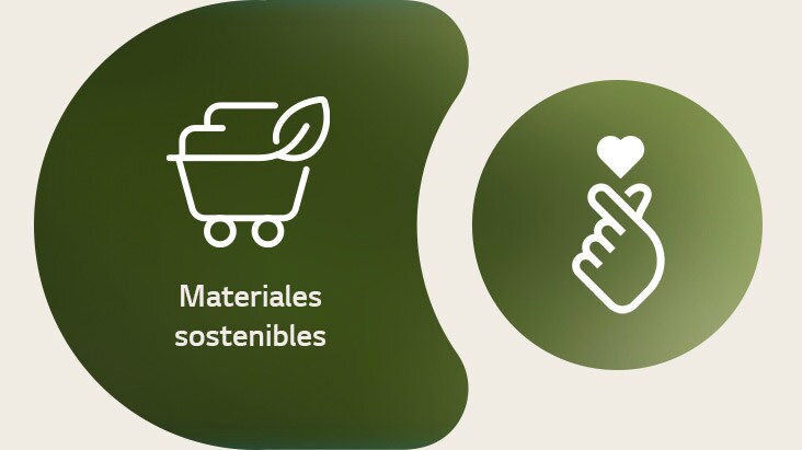 A la izquierda se muestra el ícono de materiales sustentables de LG con su nombre escrito debajo. A la derecha se muestra el icono de corazón-dedo de ESG.