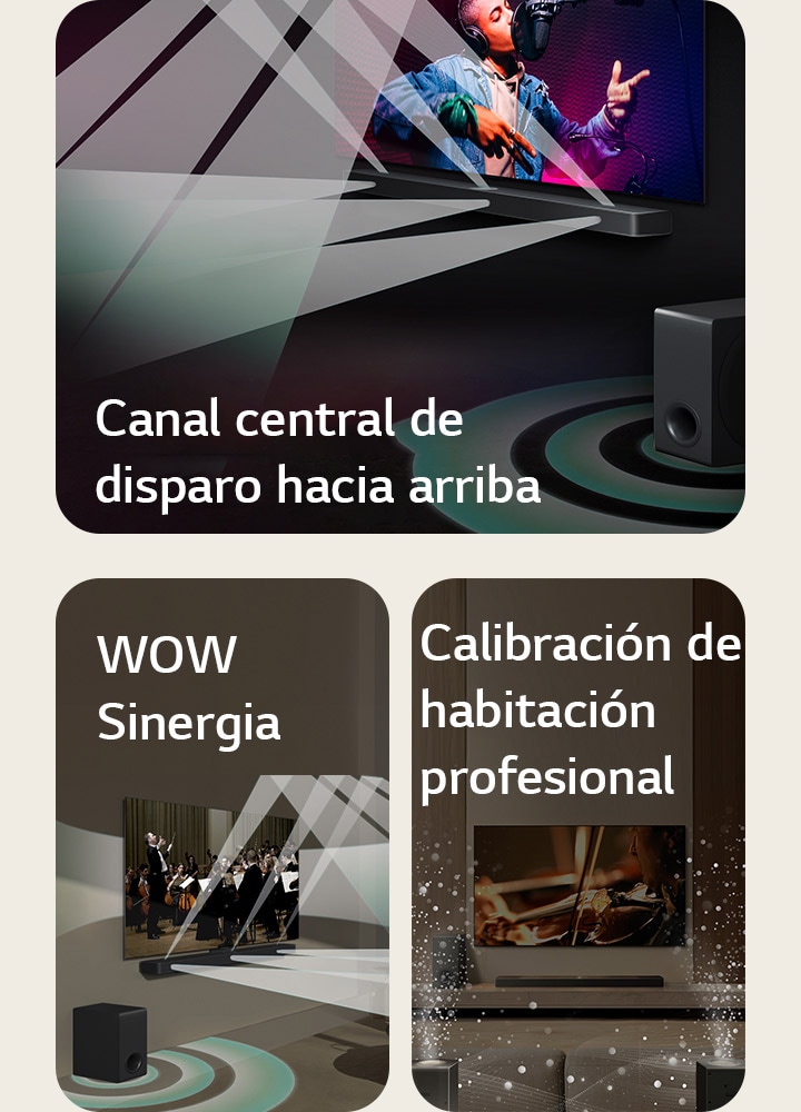 LG TV y LG Soundbar en una sala negra interpretando una actuación musical. Gotas blancas que representan ondas sonoras se disparan hacia arriba y hacia adelante desde la barra de sonido, mientras el subwoofer crea un efecto de sonido desde abajo.  LG TV y LG Soundbar en una sala de estar tocando una actuación de orquesta. Ondas blancas de gotas que representan ondas sonoras se disparan hacia arriba y hacia adelante desde la barra de sonido y se proyectan desde el televisor, mientras el subwoofer crea un efecto de sonido desde abajo.  LG TV, LG Soundbar, parlantes traseros y un subwoofer se encuentran en una sala de estar. Aparece una cuadrícula superpuesta sobre la habitación, como un escaneo del espacio. Las ondas sonoras blancas formadas por gotas muestran los altavoces traseros y la barra de sonido tocando juntos en armonía.