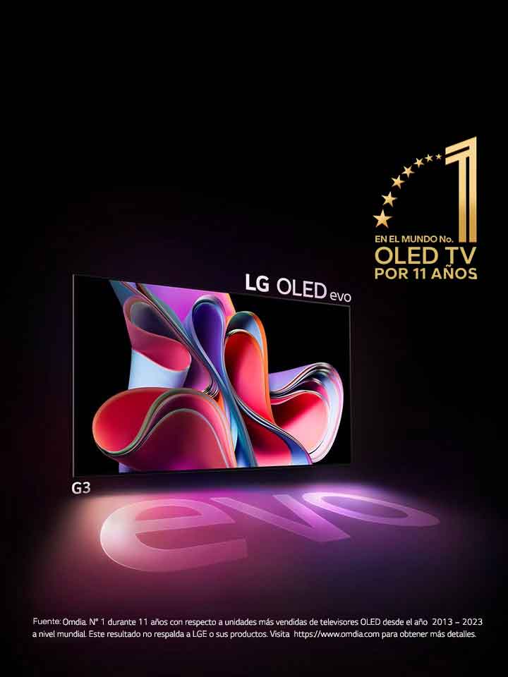 Una imagen del LG OLED G3 contra un fondo negro que muestra una brillante ilustración abstracta rosa y morada. La pantalla proyecta una sombra de colores en la que aparece la palabra evo. El emblema Televisor OLED nº 1 del mundo durante 10 años está a la izquierda de la imagen.