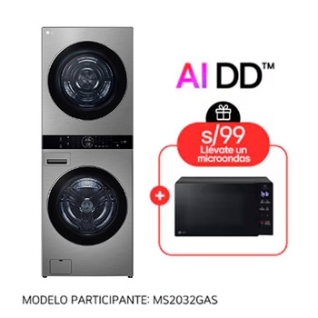 Microondas LG NeoChef™ 20 L EasyClean™, Negro + LG WashTower™ de 25kg de Lavado / 20kg de Secado - AI DD™, ThinQ™ con Motor Dual Inverter Heat Pump, Platinum Silver