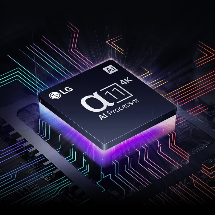 El procesador AI alpha 11 4K de LG apenas visible en medio de la oscuridad. El procesador AI se ilumina en color violeta y rosa, y de él salen rayos de luz de colores. Aparecen más tornillos a lo largo de la placa base, estirándose aún más.