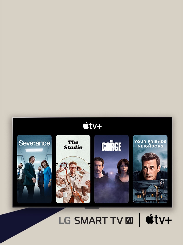 El logotipo de LG Smart TV AI y el de Apple TV+ aparecen uno junto al otro. En la LG TV, se muestran miniaturas de cuatro programas de televisión debajo del logotipo de Apple TV+ (Severance, The Studio, The Gorge y Your Friends and Neighbors). 