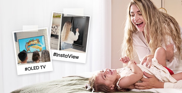 Familia feliz en la cama con fotos del LG OLED TV y del refrigerador InstaView.