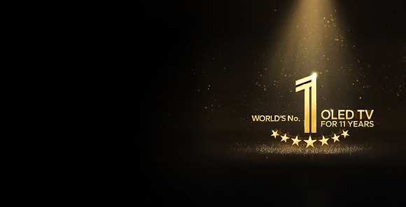 Un emblema dorado del televisor OLED número 1 del mundo durante 11 años sobre un fondo negro. Un foco brilla sobre el emblema y estrellas abstractas doradas llenan el espacio.