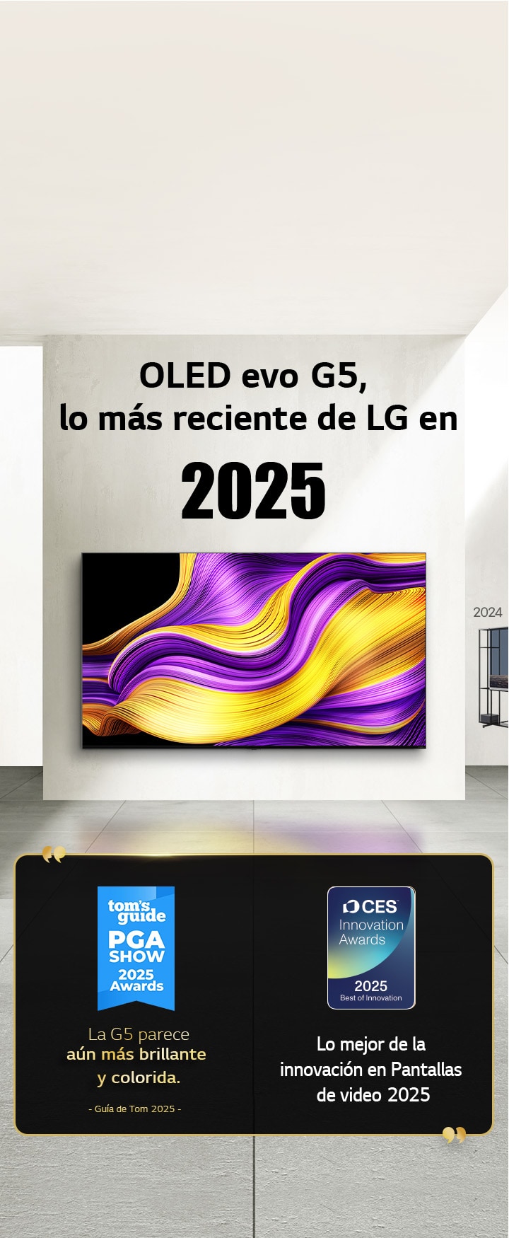 LG TV. El título dice “La última OLED evo G5 de LG 2025”. Junto a él, las menciones de los premios. La Guía de Tom: “La G5 parece aún más brillante y colorida”. Lo mejor de la innovación en Pantallas de video 2025 de los premios CES Innovation Awards.