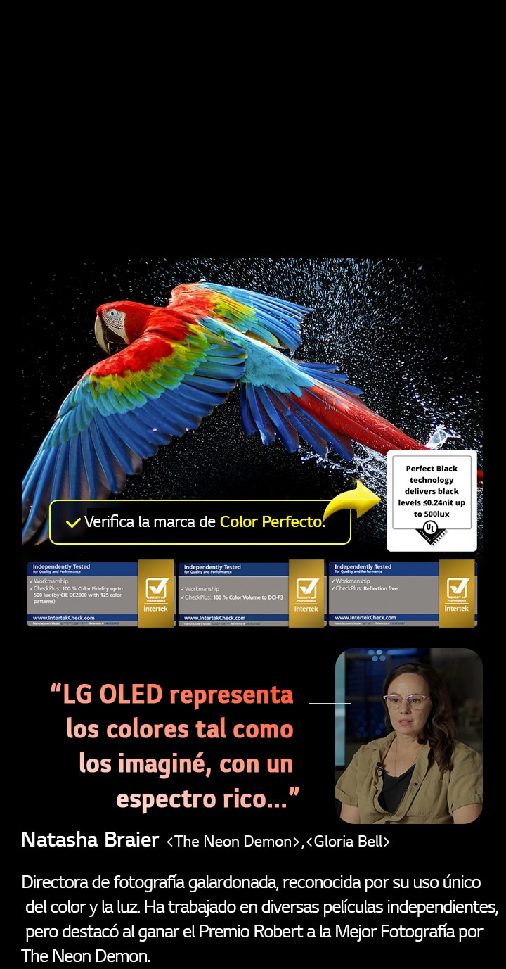 Un loro colorido en ultra alta definición sobre un fondo negro. A su alrededor hay gotas de agua suspendidas en el aire. La imagen muestra un Color Perfecto, ya que cada tono diferente del cuerpo del loro es vibrante y vívido. El fondo oscuro con salpicaduras de agua detalladas también resalta cómo la pantalla está libre de reflejos. Se observan diferentes certificaciones de logotipos de UL e Intertek. Estos se refieren a su 100 % de fidelidad de color, 100 % de volumen de color y su afirmación de ausencia de reflejos. También se observa un texto: Verifica la marca de certificación Color Perfecto.