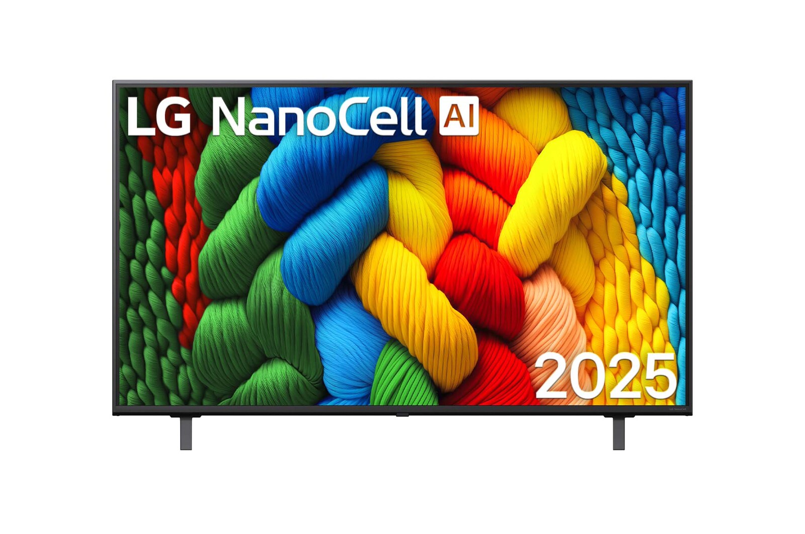 Vista de frente de la NanoCell TV, logotipo de LG NanoCell Al en la esquina superior. La LG NanoCell NANO80 TV muestra coloridas texturas como la pintura que se combinan.