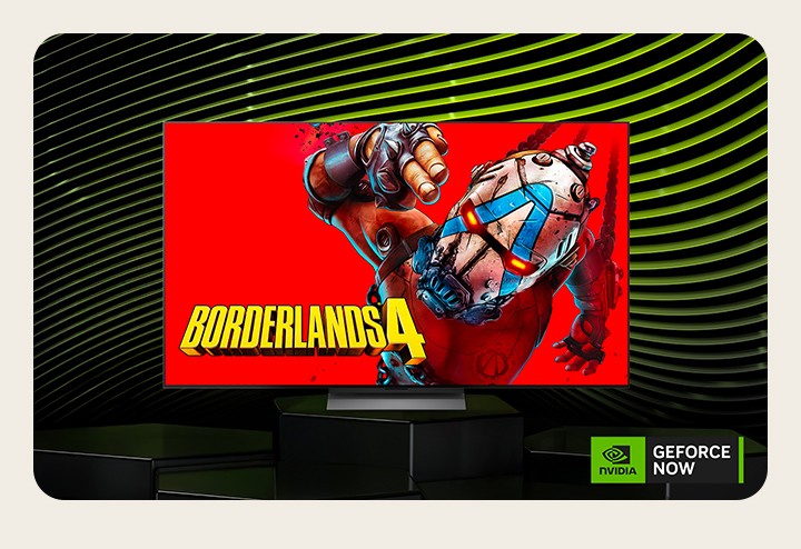 LG TV mit einem Poster eines beliebten Games auf seinem Bildschirm. Das NVIDIA GeForce NOW-Logo ist sichtbar.